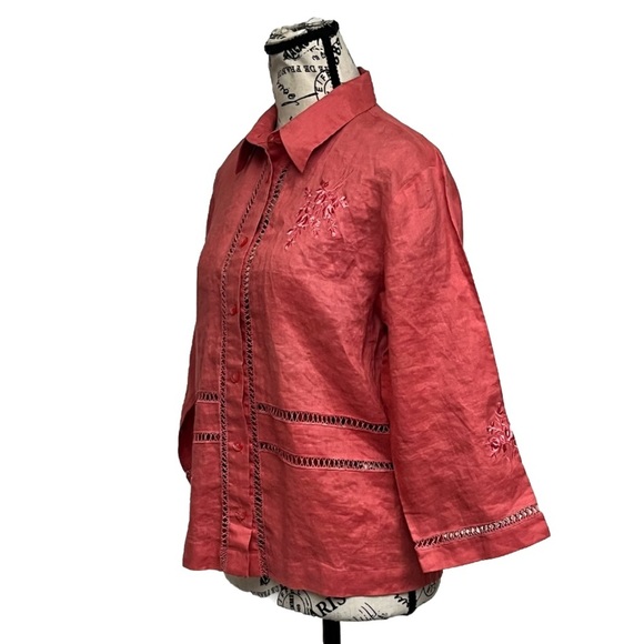 Jordan Coral Pink Button Up Linen 3/4 Blouse Modest Mature Beach Coastal M Boho - Picture 2 of 8